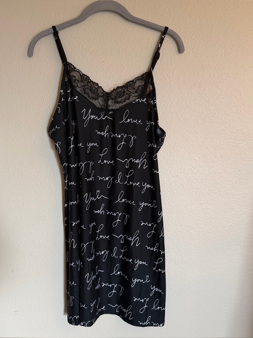 Black Lace-Trim Script Slip Chemise.